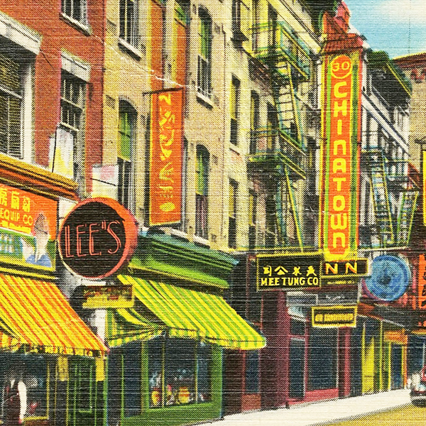 A street view of Chinatown, NYC showing colorful hanging signs in English and Chinese.