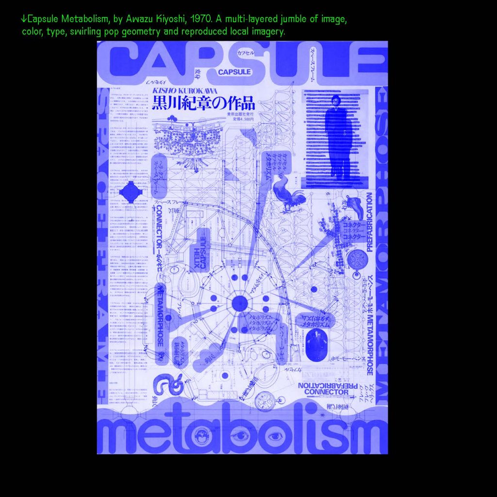 A graphic featuring a multi-layered jumble of images, type, swirling pop geometry and reproduced local imagery in blue on white.