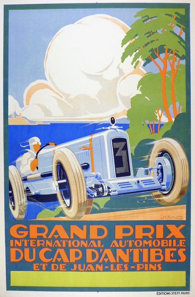 An illustrational poster of a man driving a classic car up a hill.