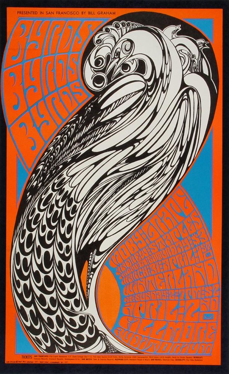 A black and white illustration featuring a peacock on a psychedelic inspired background.