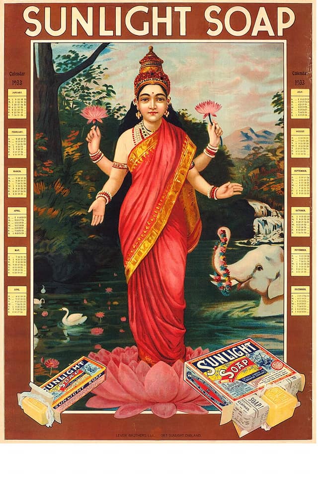 An illustrational poster of an Indian deity that is advertising soap.