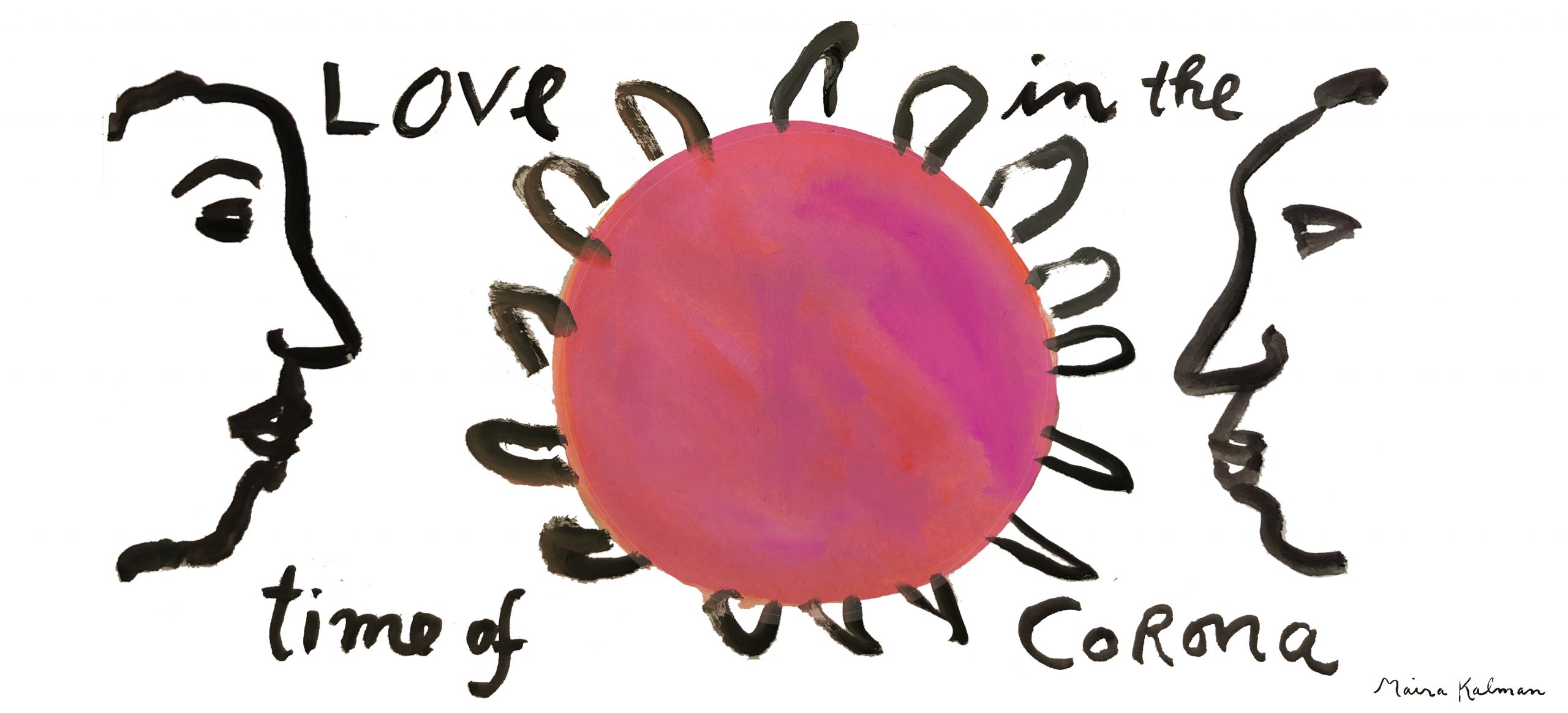 illustrative poster of two people facing coronavirus with the words love in the time of corona