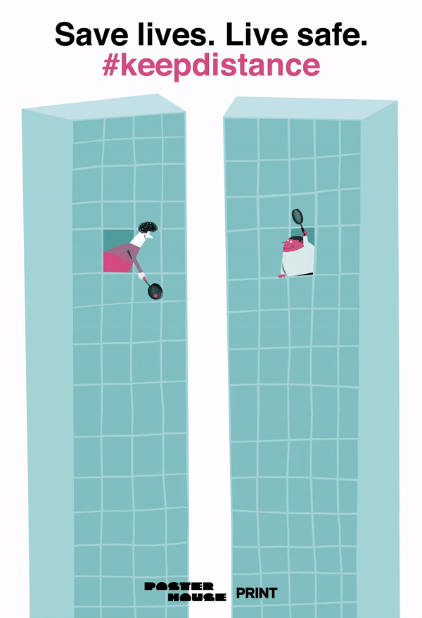 illustrative PSA poster of two people playing tennis out of their windows in seperate buildings