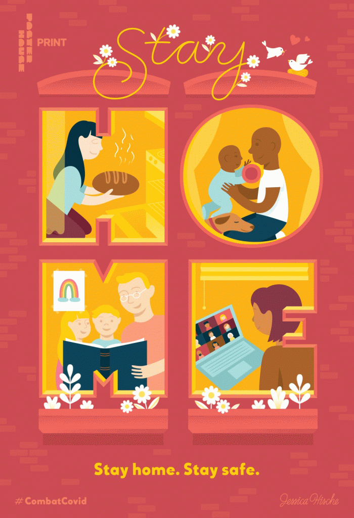 illustrative poster depicting four different scenes happening within four windows
