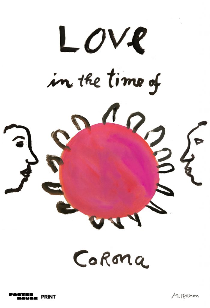 illustrative poster of two people facing coronavirus with the words love in the time of corona