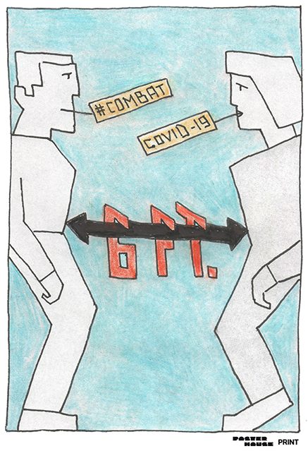illustrative poster of a man and woman standing six feet apart both saying combat covid-19