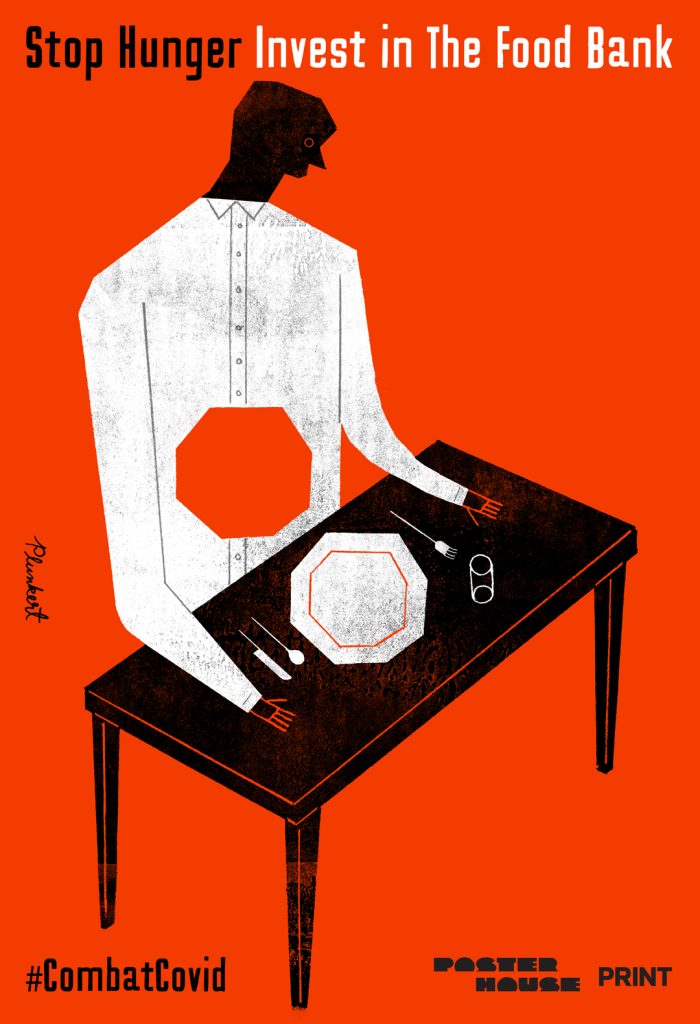 Illustrational poster of a figure sitting at a table with an empty plate and a hole in their stomach.