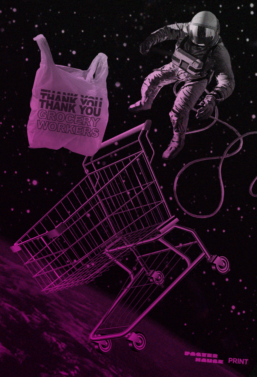 photomontage poster of a shopping cart shopping bag and astronaut floating in space