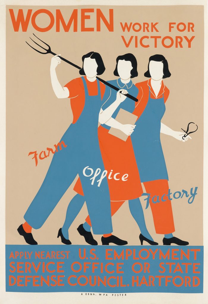 A poster of 3 women in different occupations wearing red and blue uniforms and the text, women work for victory.