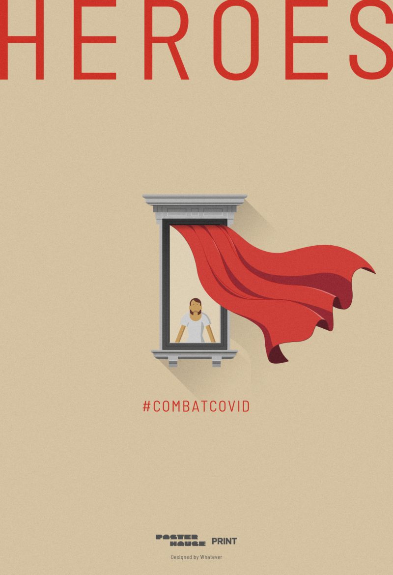 illustrative poster of a woman looking out of window with a red curtain