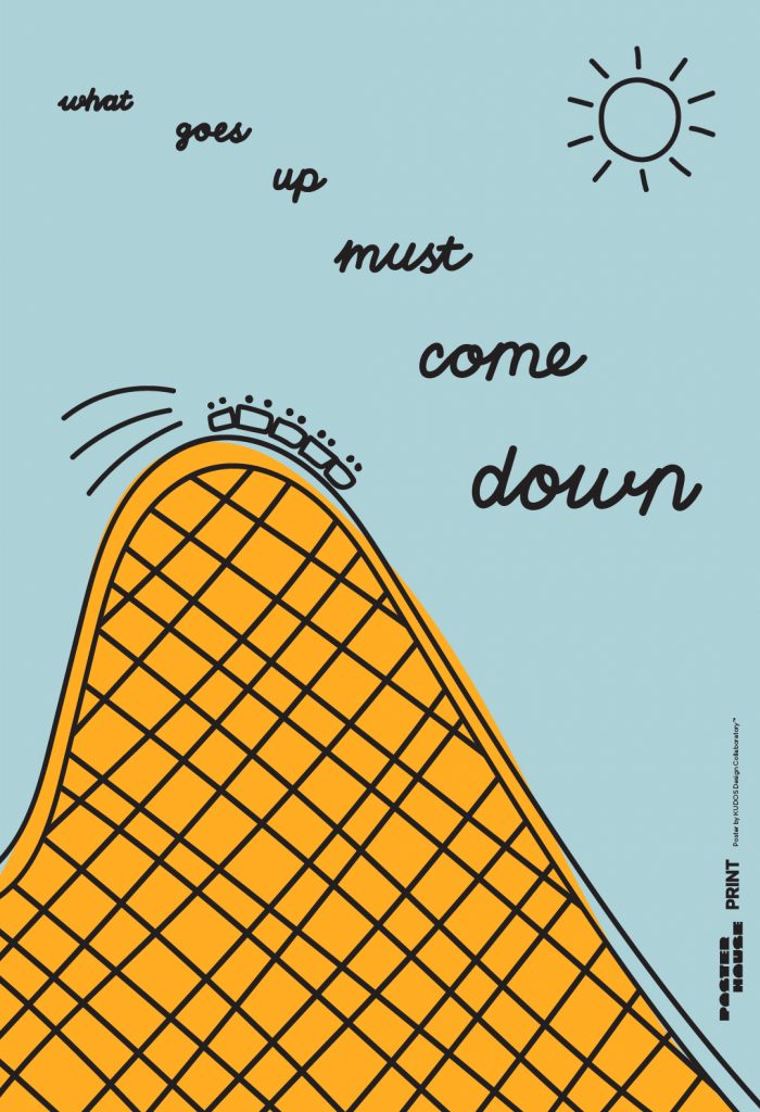 illustrative poster of the hill of a rollercoaster ride on a sunny blue day