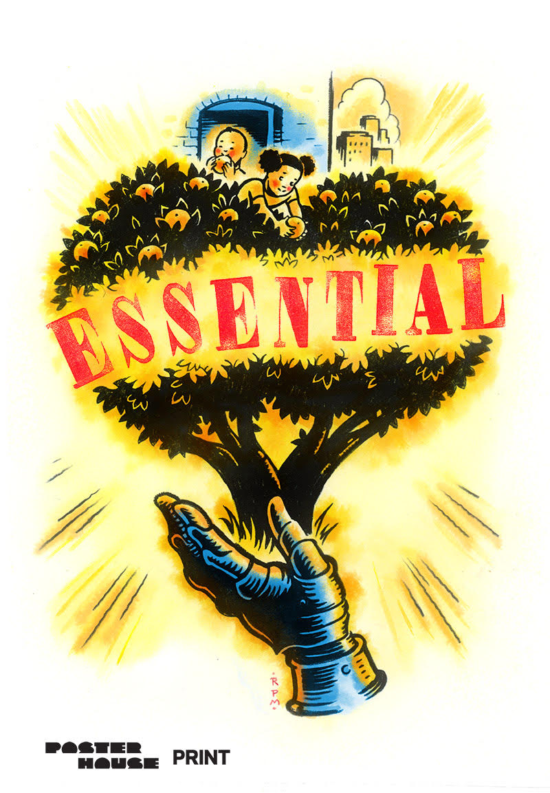 illustrative PSA poster on essential workers of an armored hand holding up a fruitful tree that children are picking