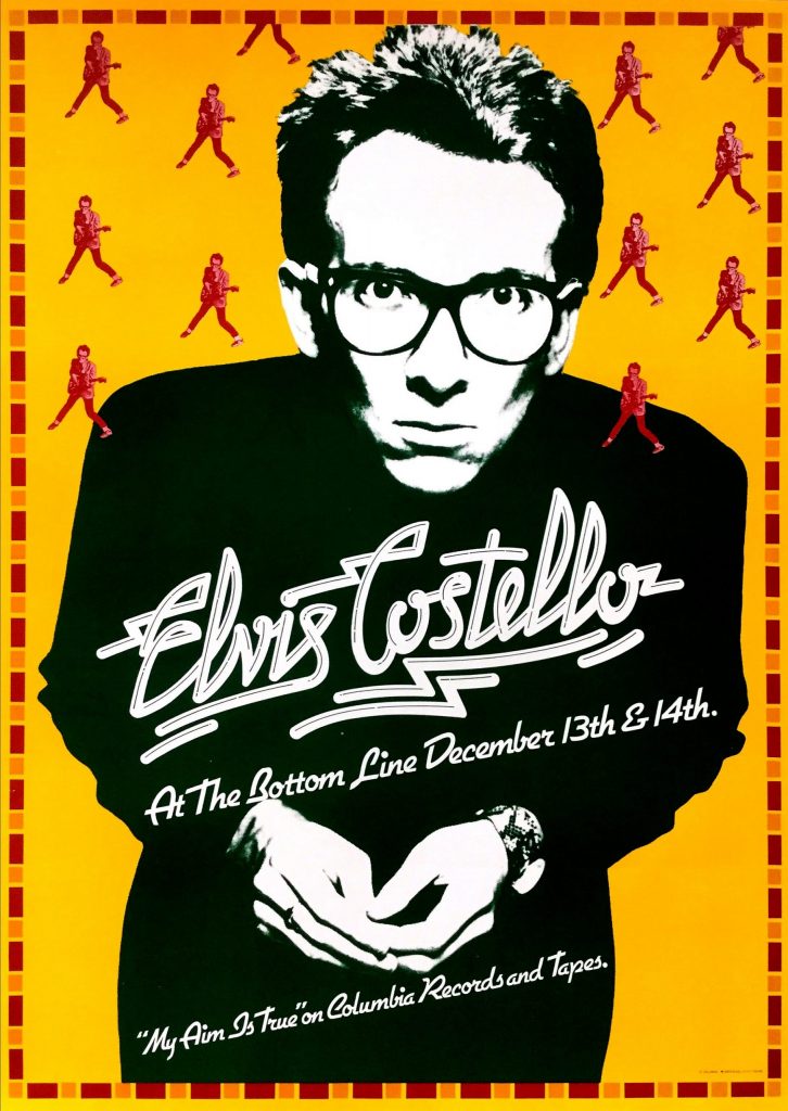 Photomontage and poster of Elvis Costello leaning to look into the camera against an orange background.