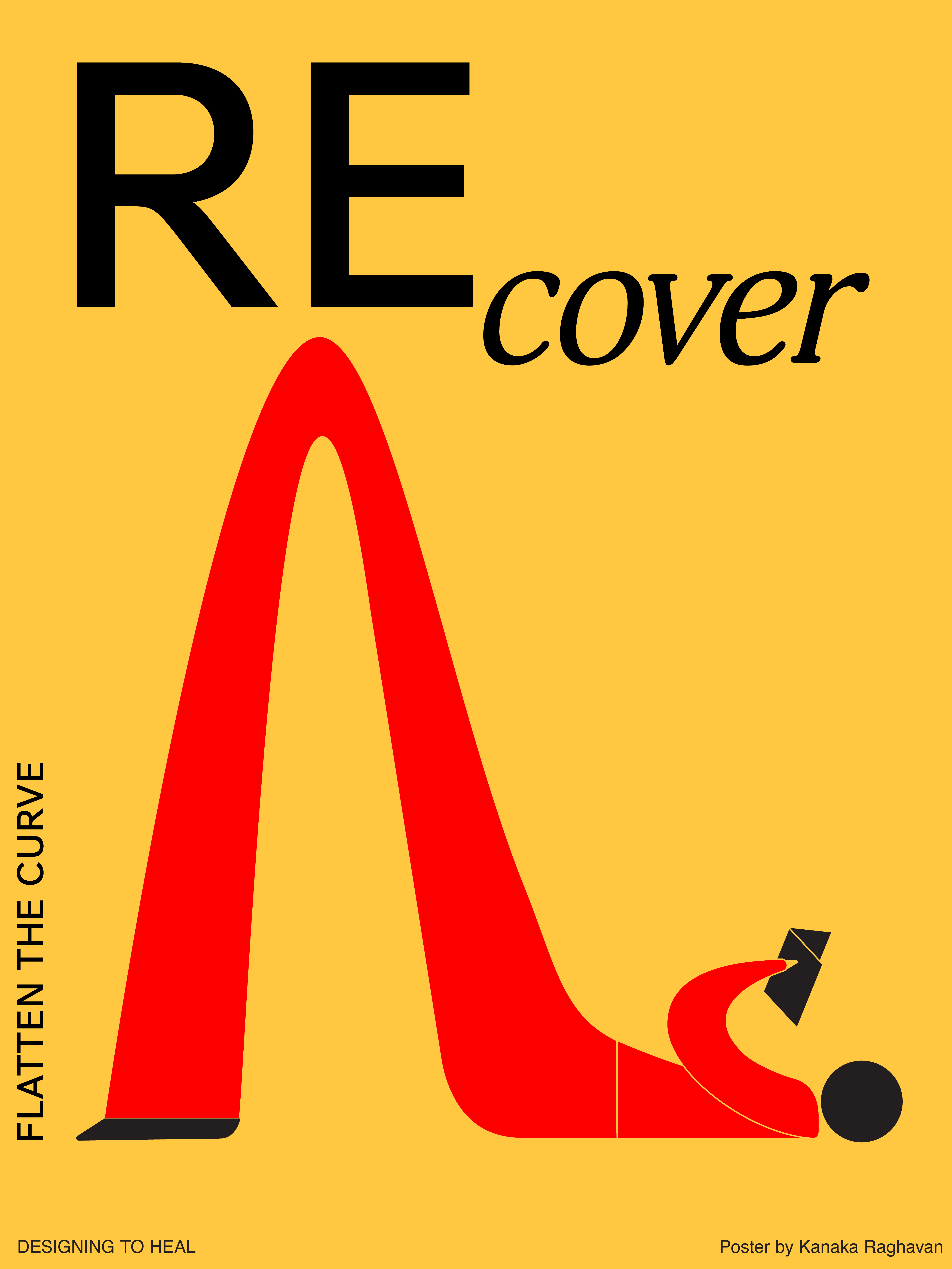 Illustrational PSA poster of a red figurine laying on the floor reading and its bent legs create a curve.