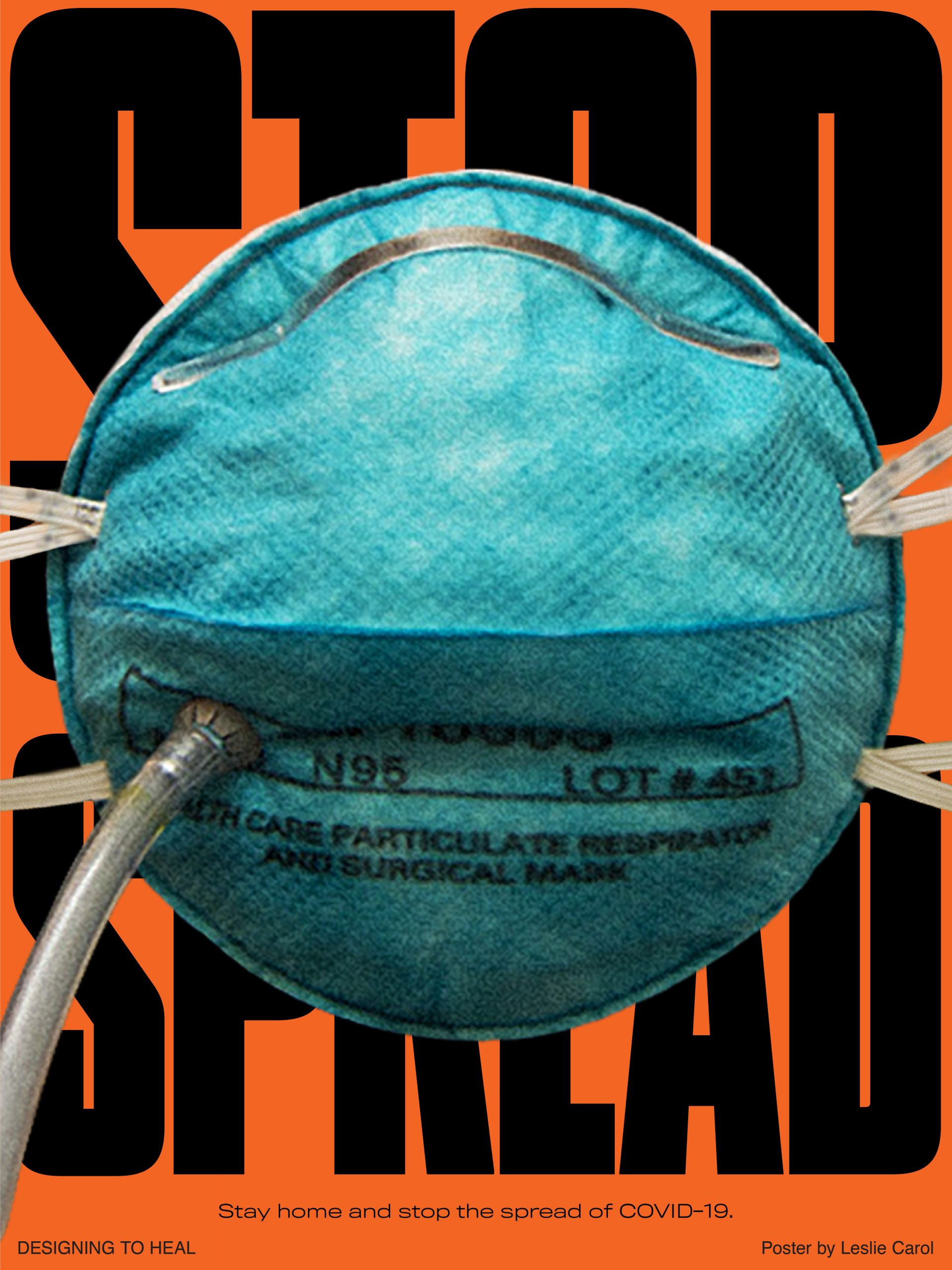 A poster of a N95 mask almost completely covering the words Stop The Spread.