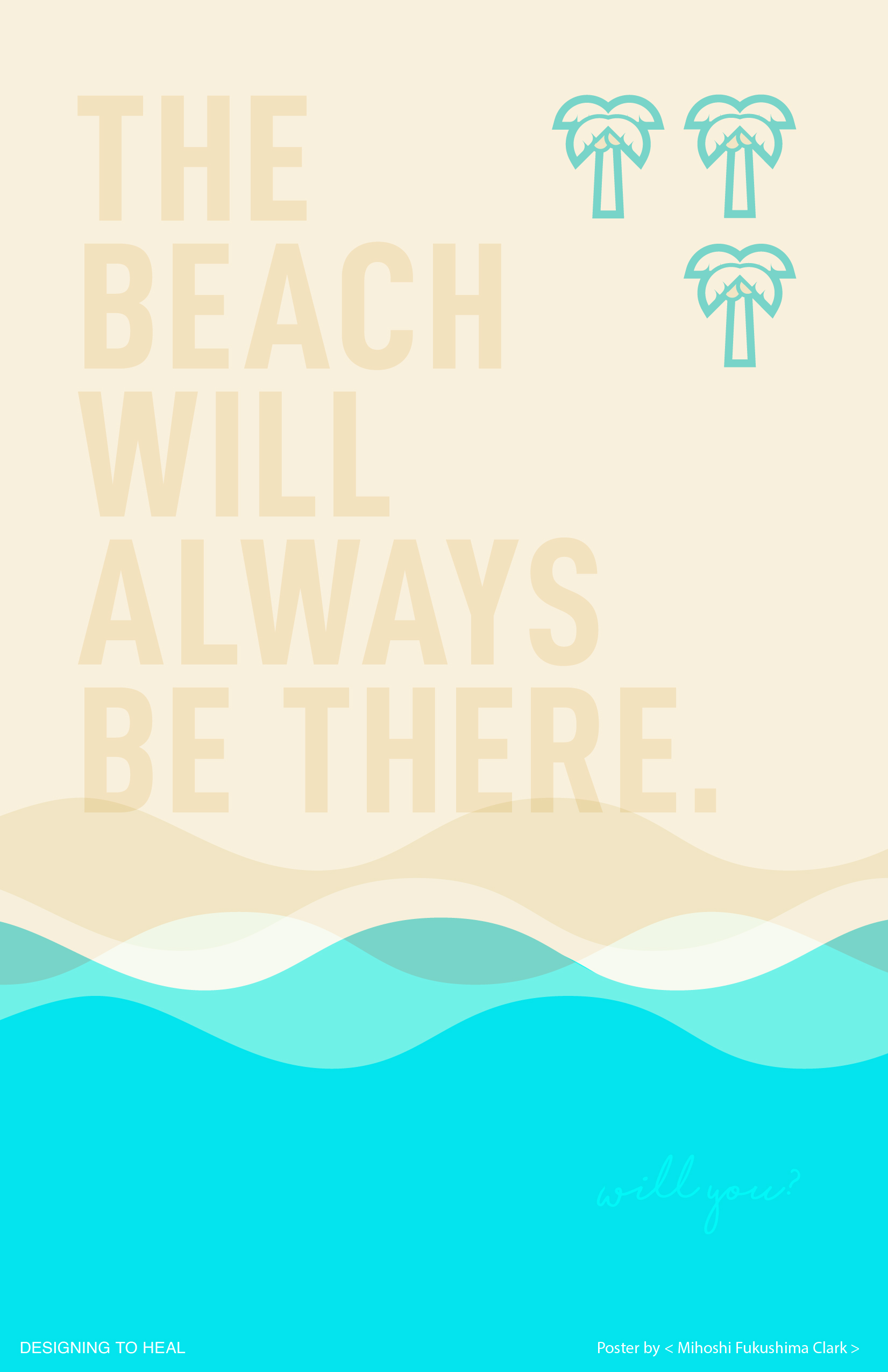 An illustrational poster of ocean waves crashing on a beach with palm trees.