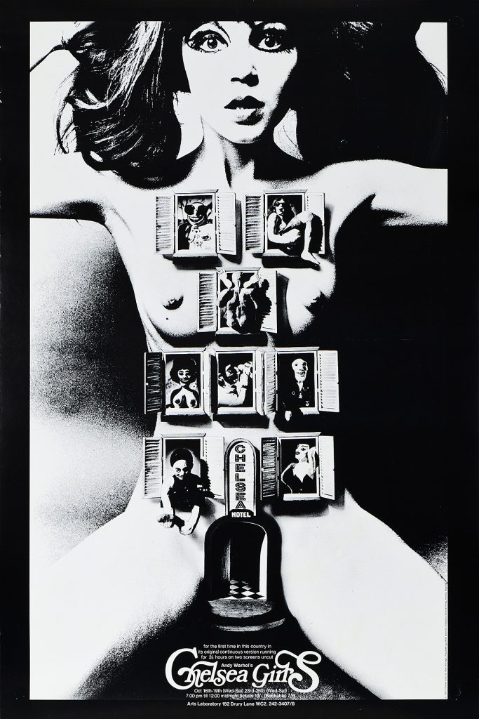 A poster with image of doors and windows placed on a nude woman's body.