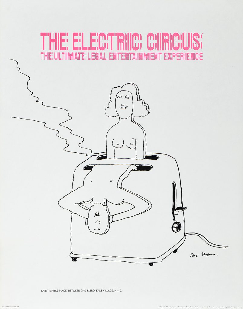 Illustrational poster of man and women popping out of a toaster.