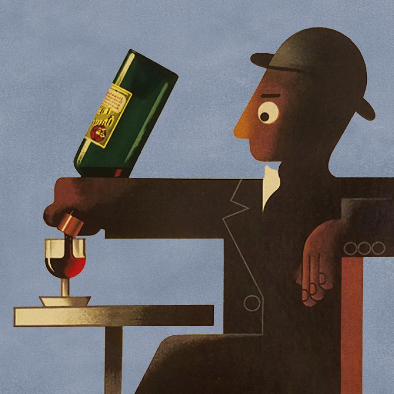 Illustrative poster of a figurine man pouring himself a glass of Dubonnet from the bottle