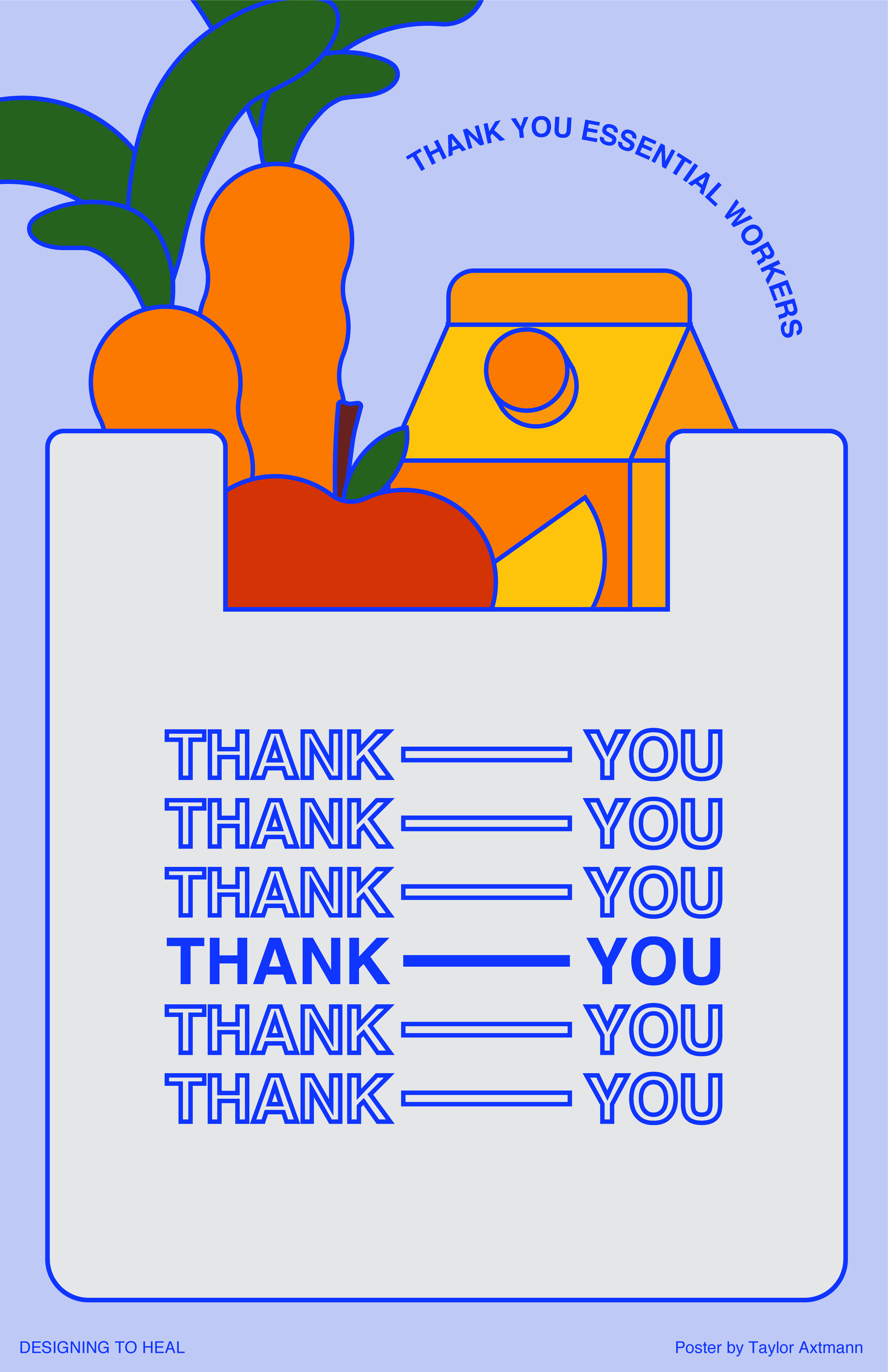 illustrational poster of a colorful groceries inside of a thank you shopping bag