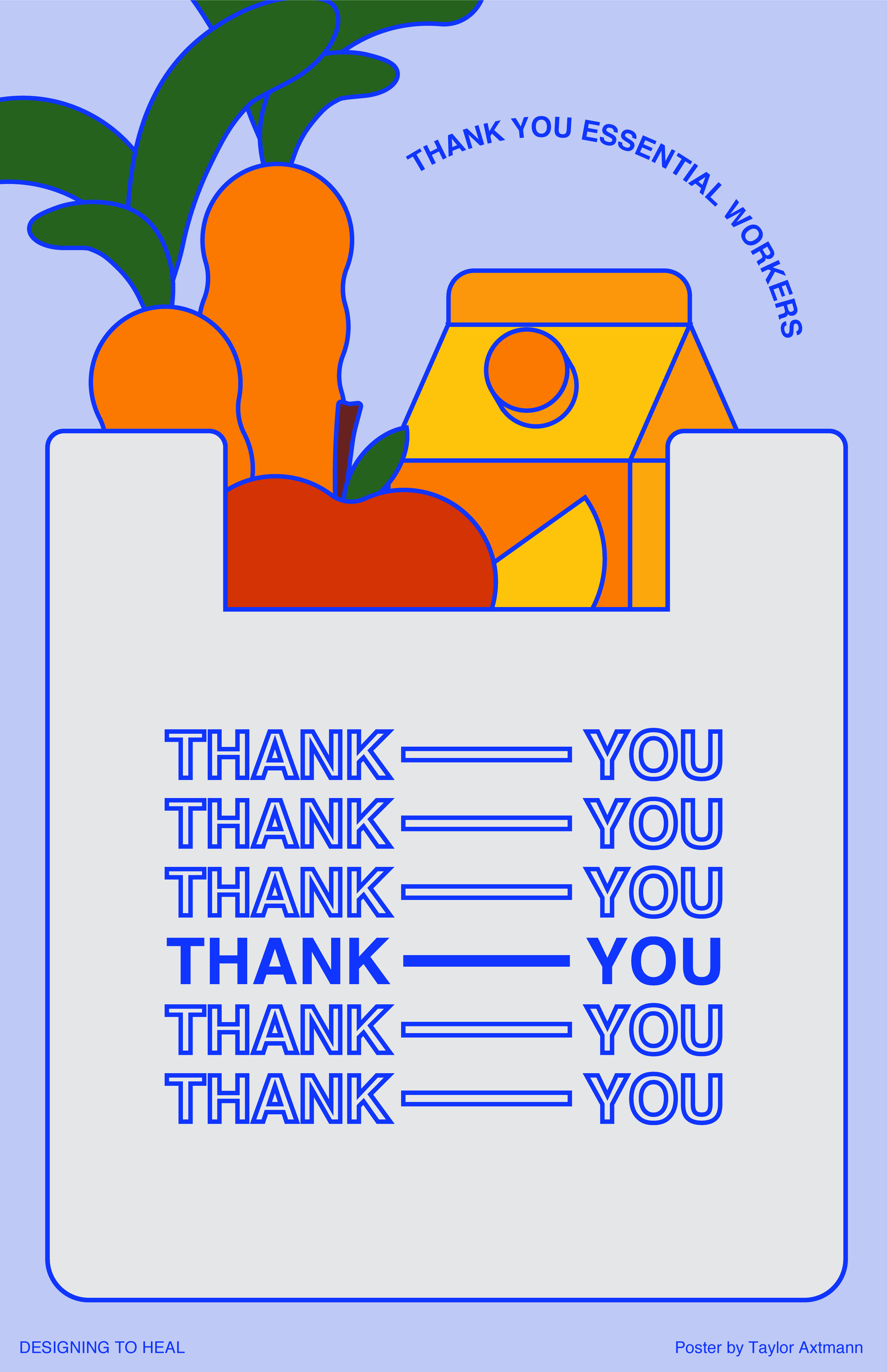 An illustrational poster of colorful groceries inside of a thank you shopping bag.