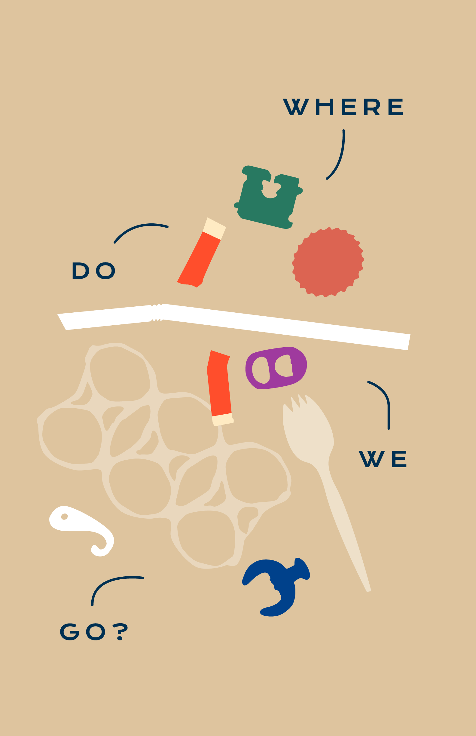 An illustrative poster of colorful plastic utensils, bottle caps, and random plastic pieces.