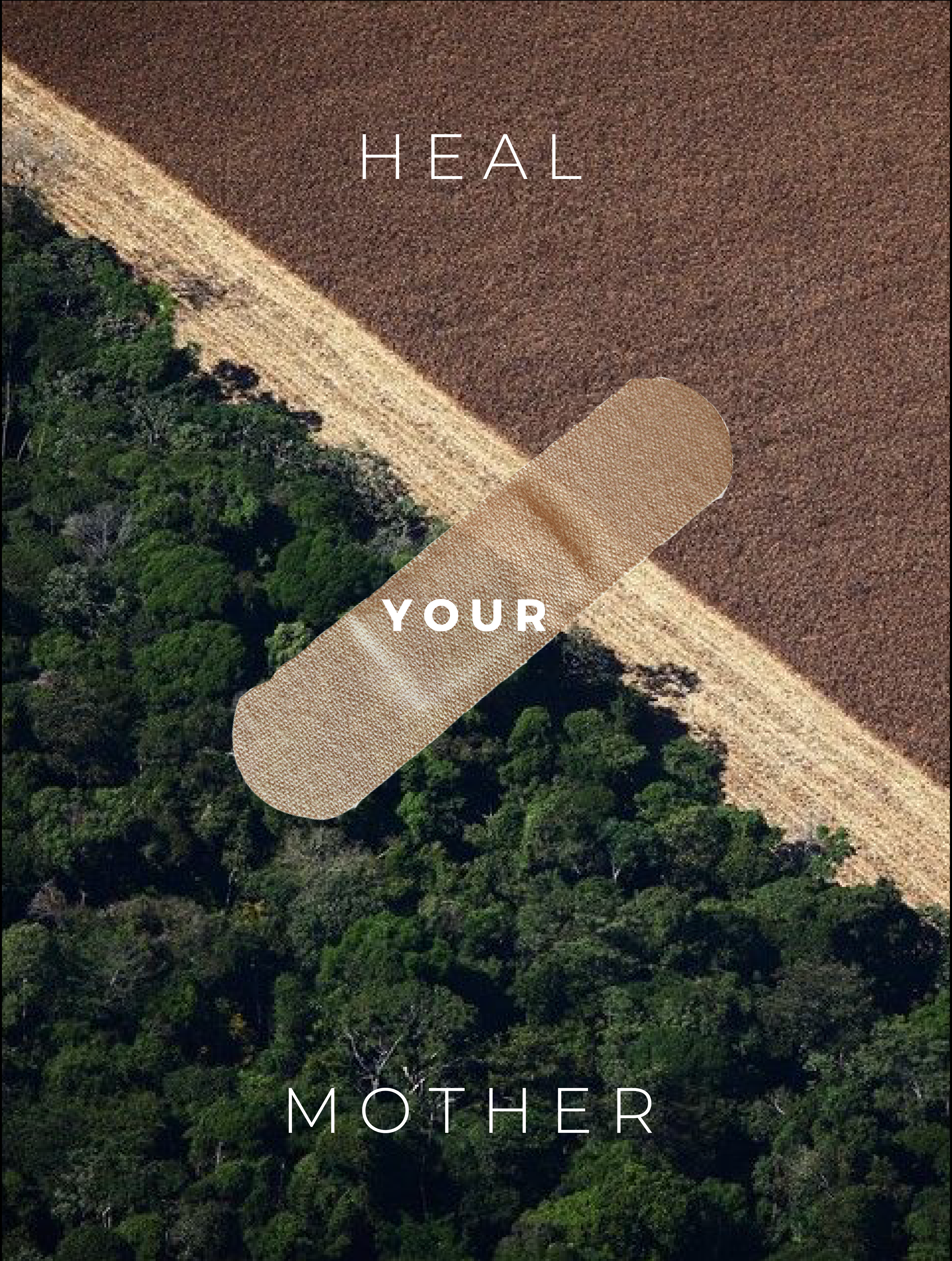Composition of a bandaid laid over an aerial photograph of trees, dirt road, and field of soil. White text layered over the image, 