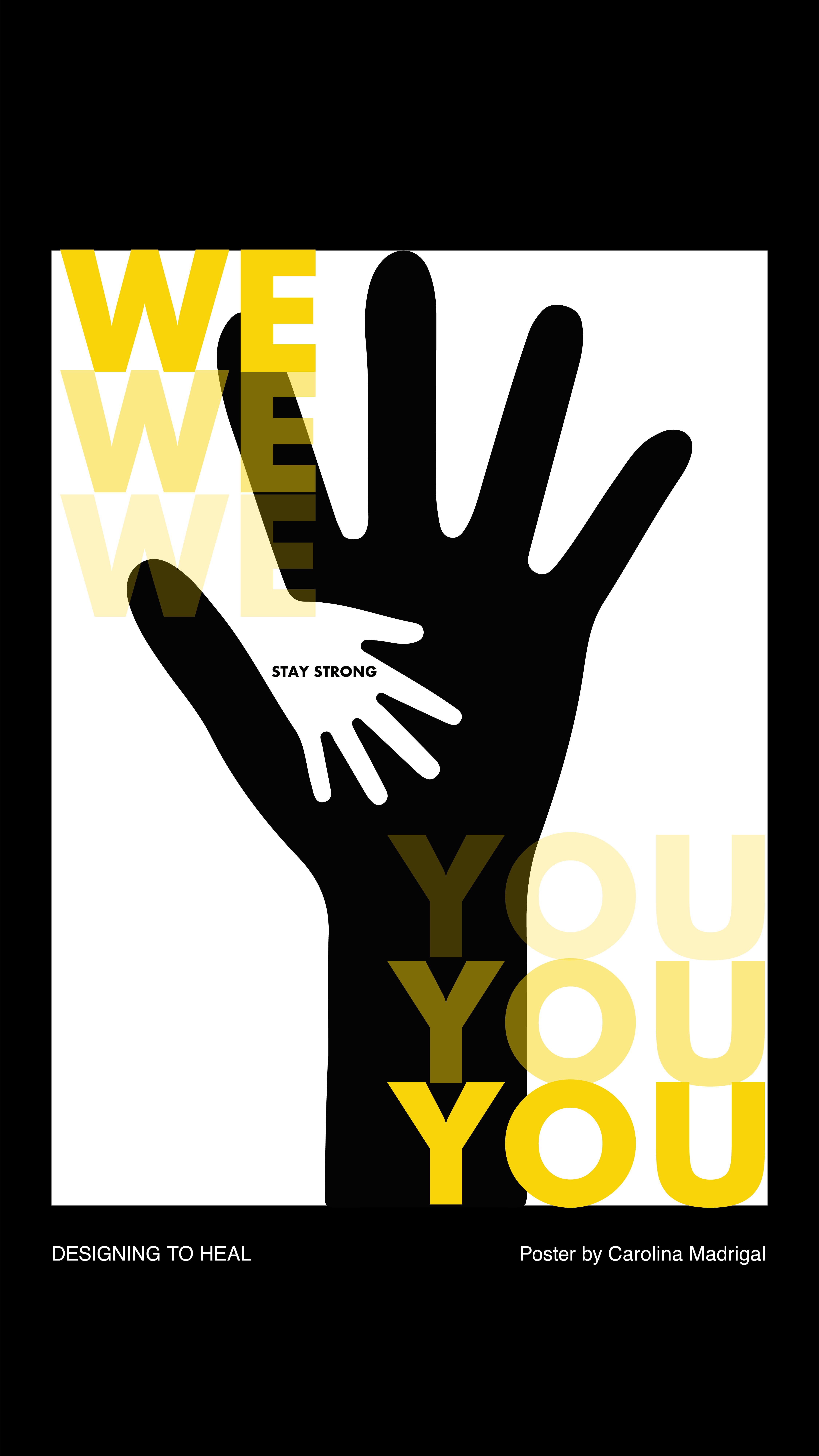 illustrative poster from the Designing To Heal workshop of two silhouetted hands overlapping and the text we and you