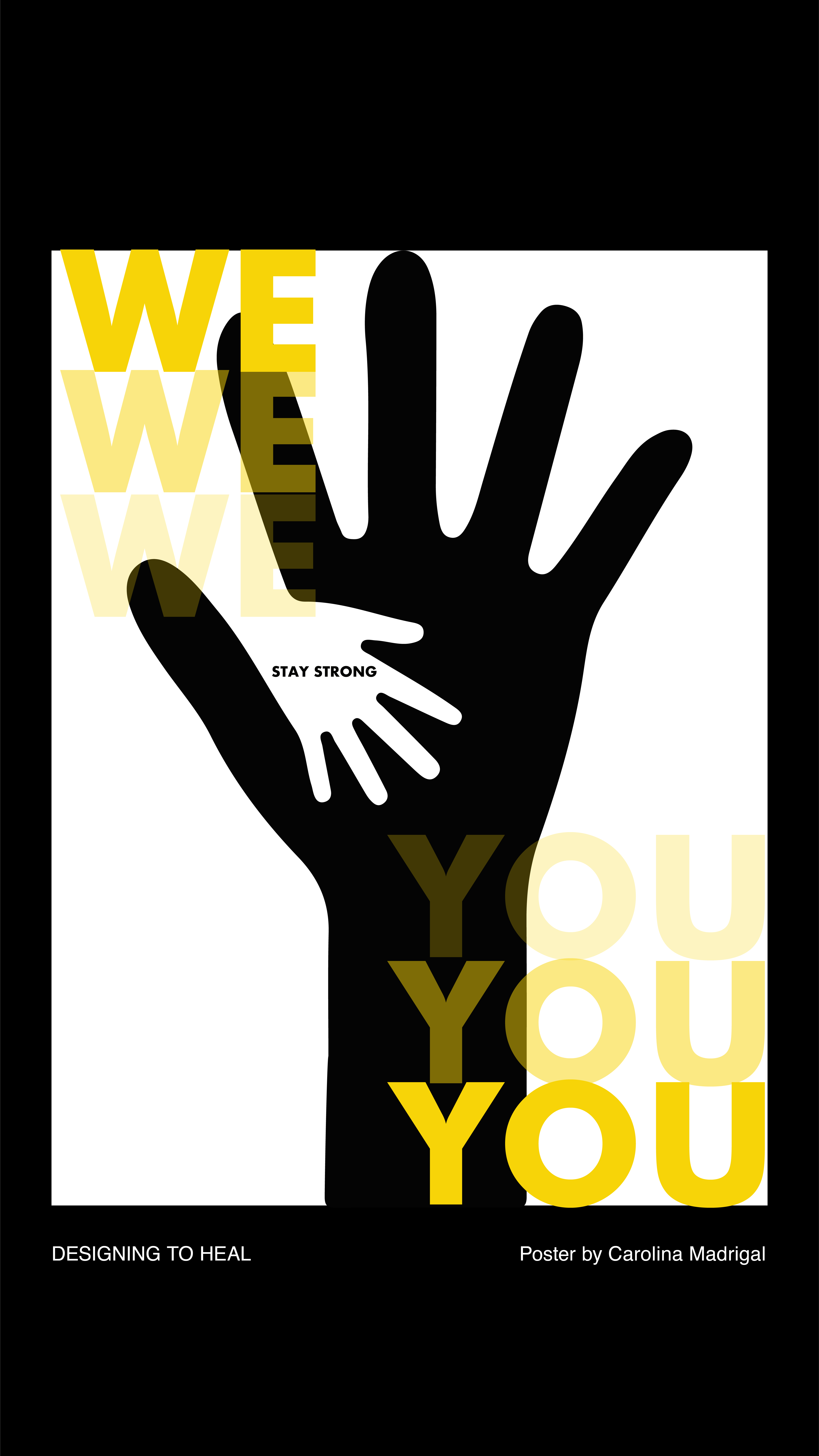 An illustrative poster of two silhouetted hands overlapping with the text, we you.