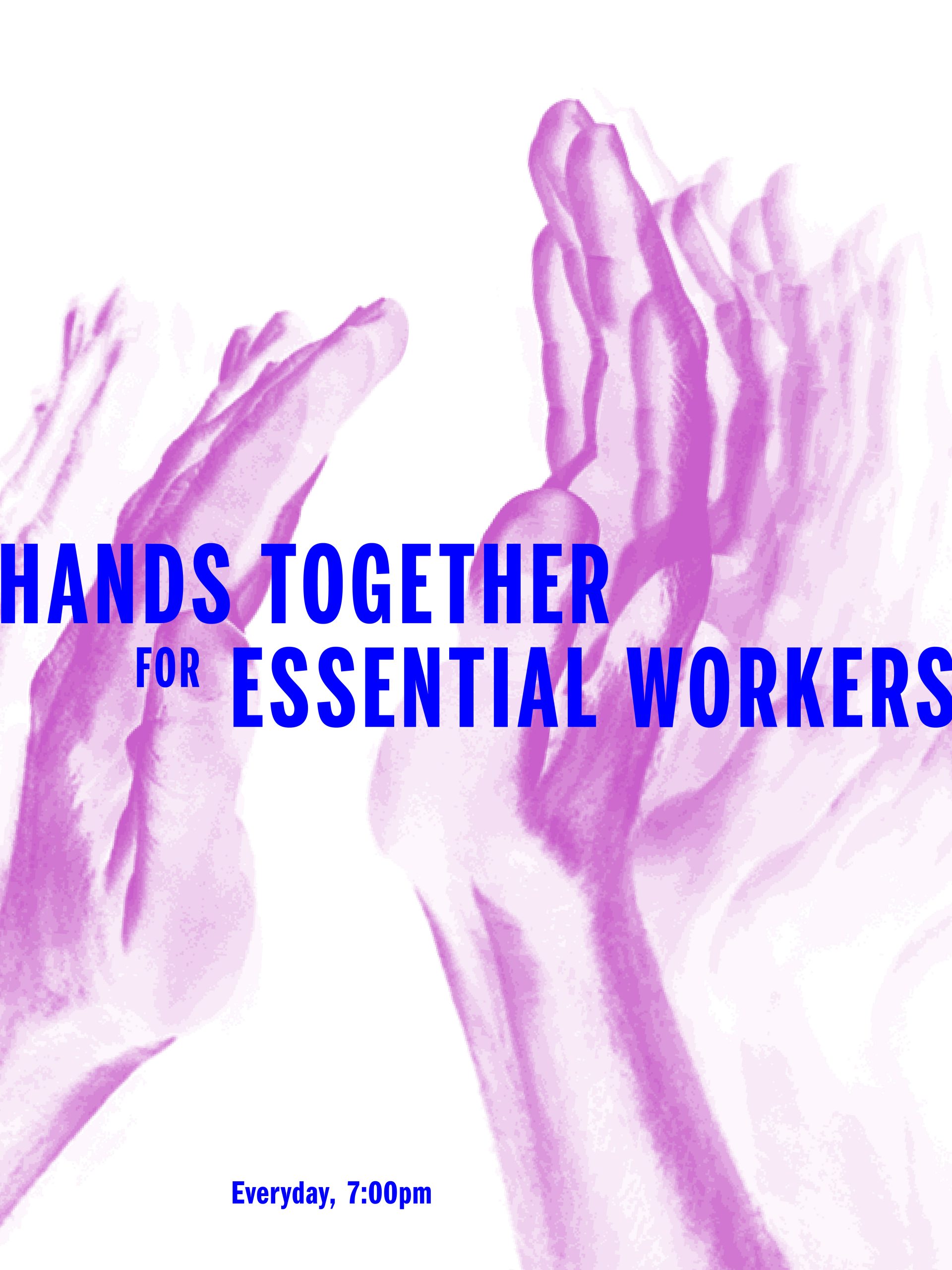 A poster of purple hands clapping for essential workers.