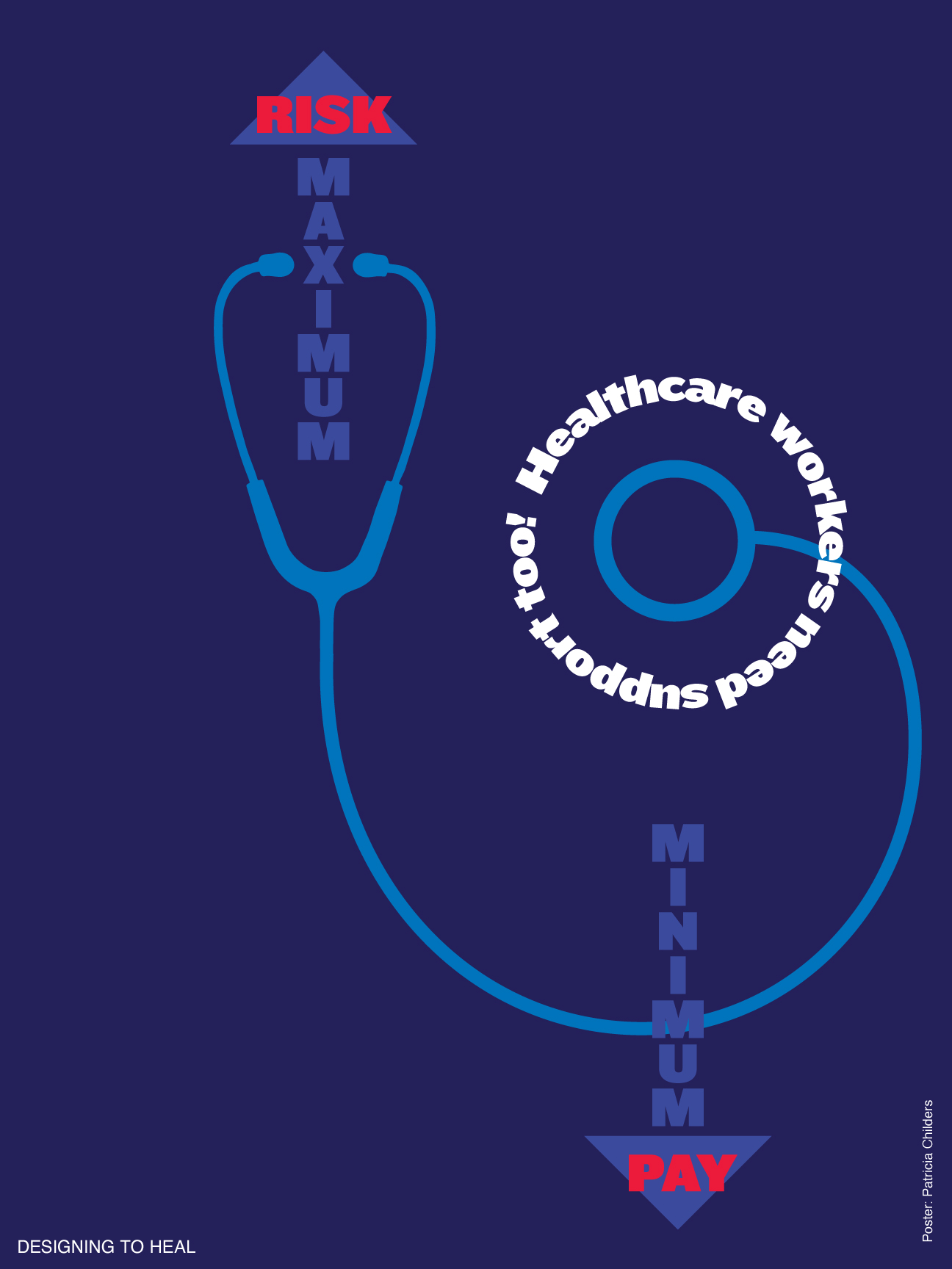 A type-based poster of various words framing and circulating a stethoscope.