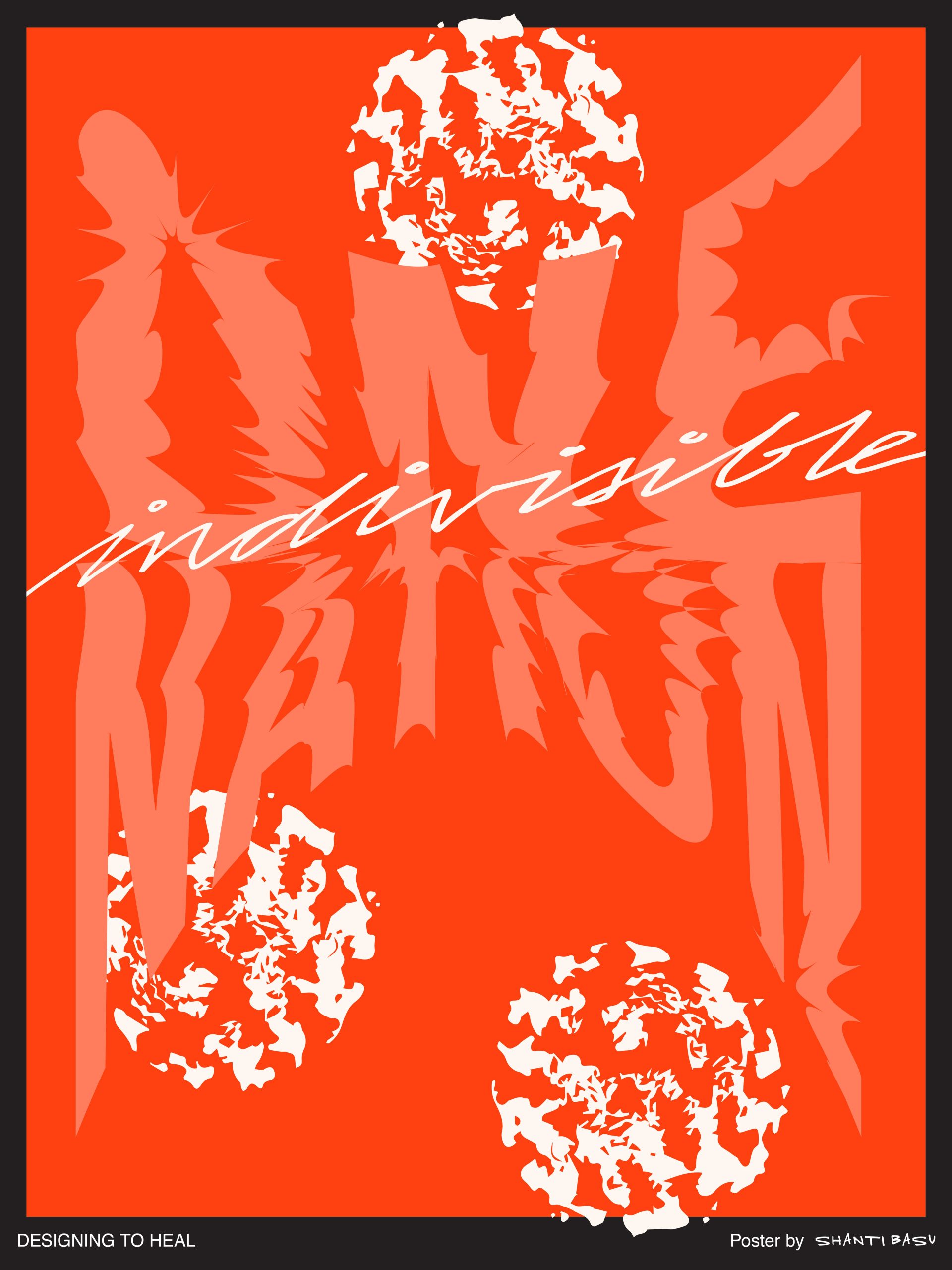 An illustrational poster with circular white blotches and the words One Nation Indivisible on a red background.