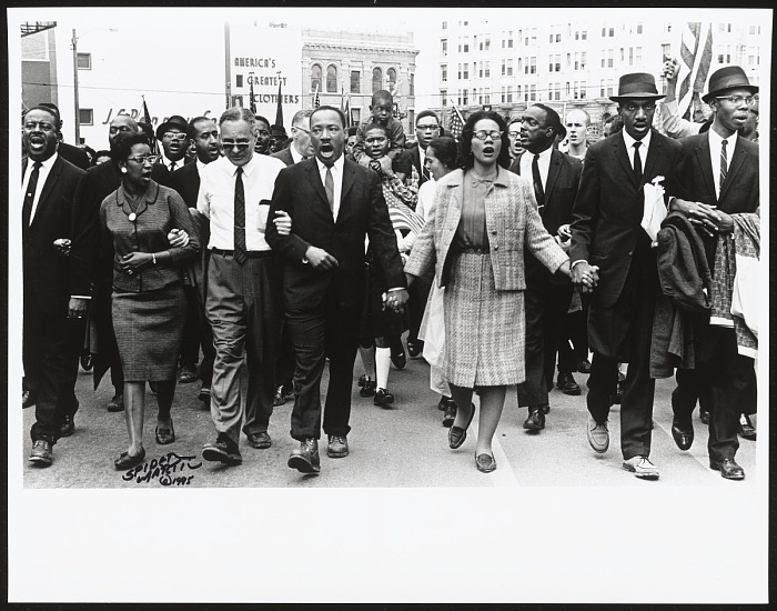 Martin Luther King Jr. and Coretta Scott King walk with other demonstrators as the march finally enters Montgomery. Photo credit: Spider Martin/Collection of the Smithsonian National Museum of African American History and Culture © 1965
