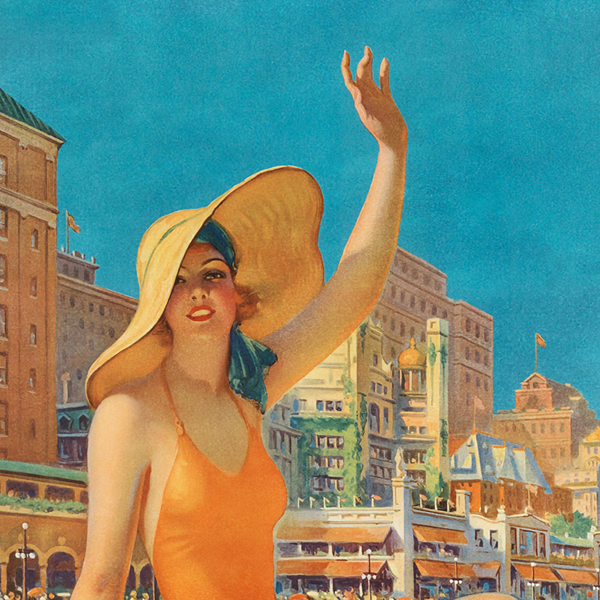 lithographic image of a woman in a bathing suit and hat waving at you