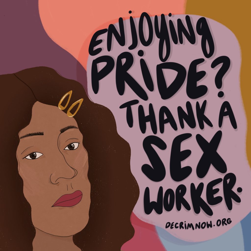 Illustration of black woman with the words enjoying pride thank a sex worker