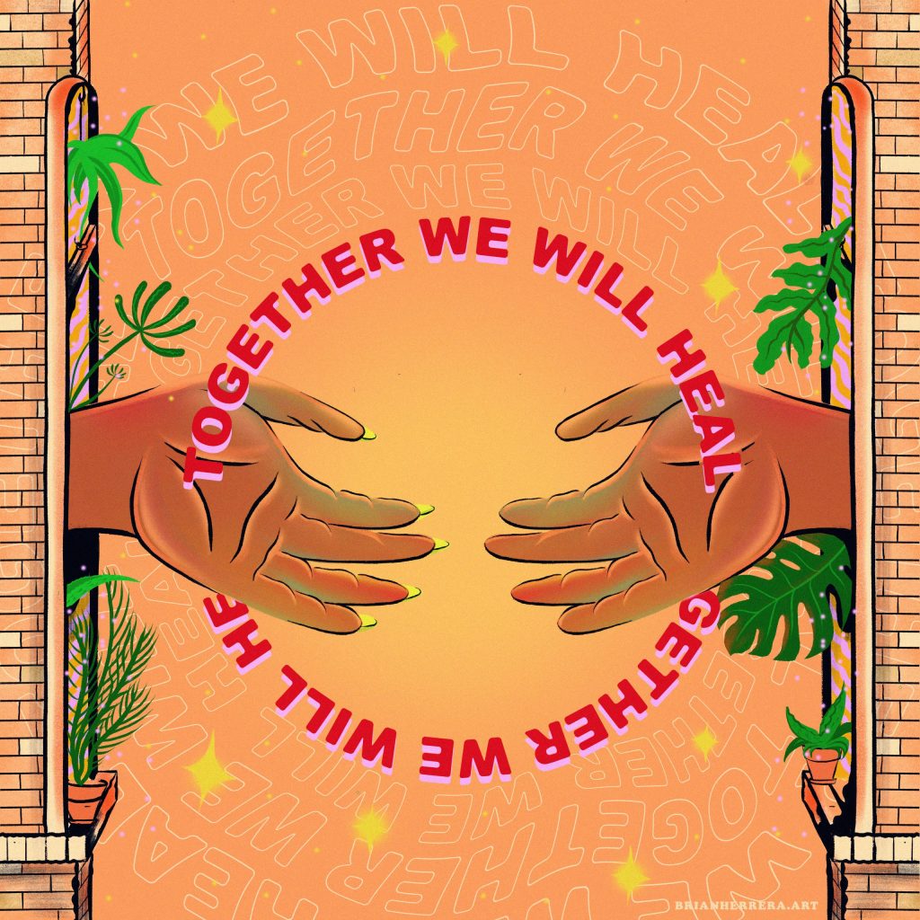 digital illustration of two tan hands on an orange background with the words together we will heal over them in a circle