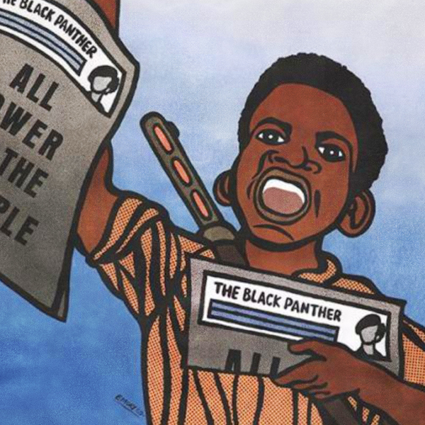 An illustrational poster of a young black boy selling newspapers.