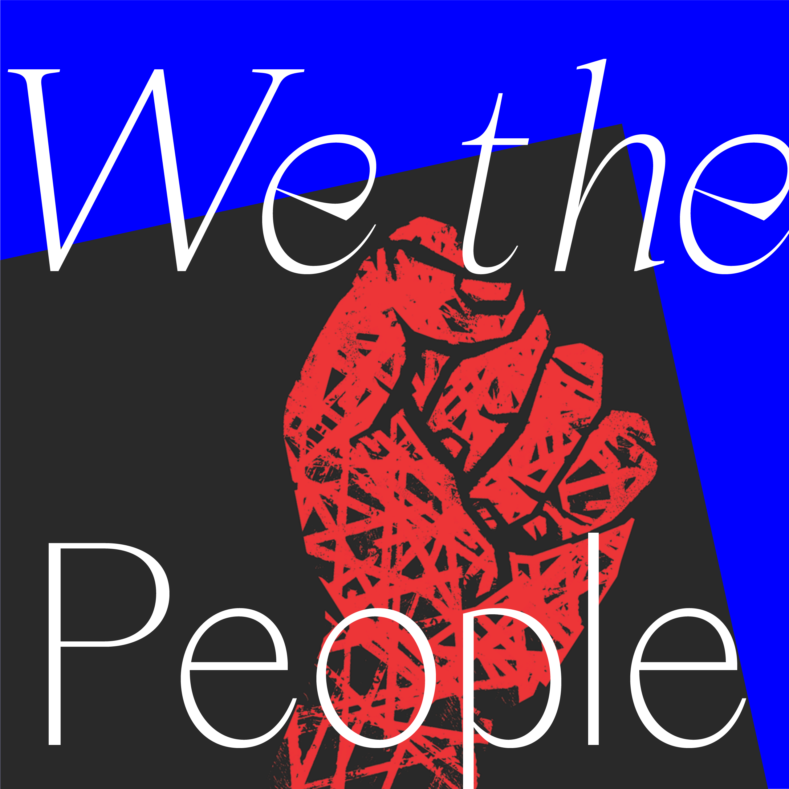 a drawn red fist against a black and blue background with the words we the people over it