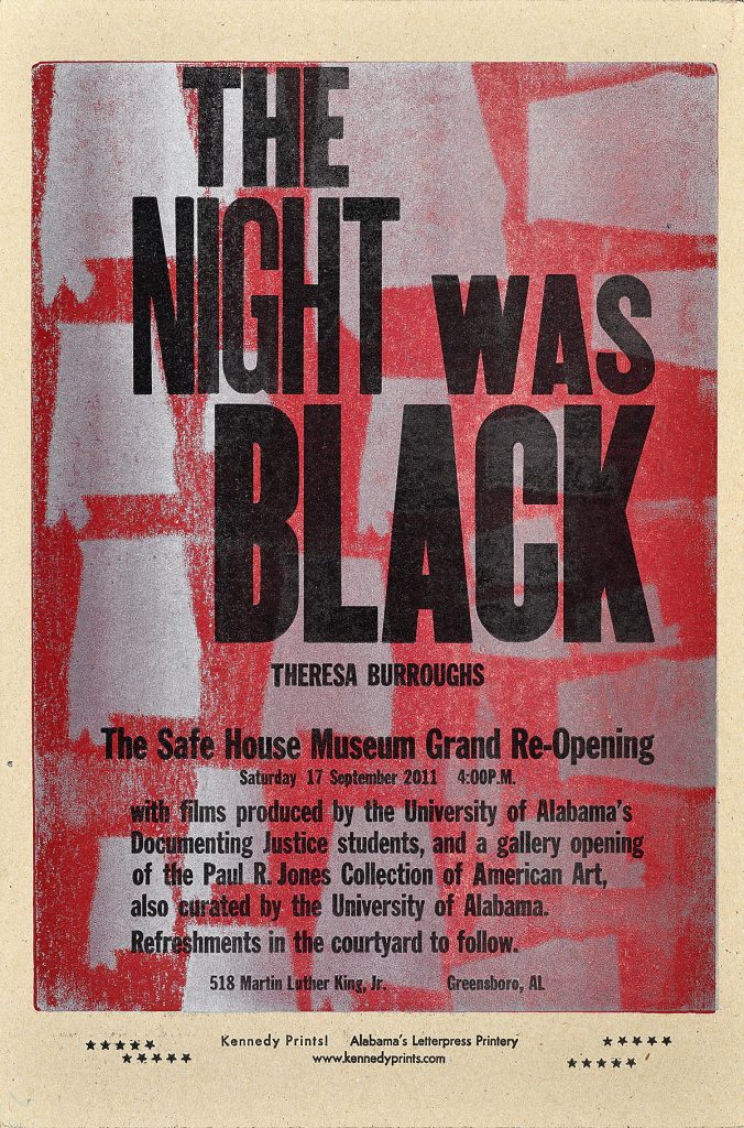 letterpress poster that says the night was black in black text on top of a pink background with silver silhouettes of Alabama throughout