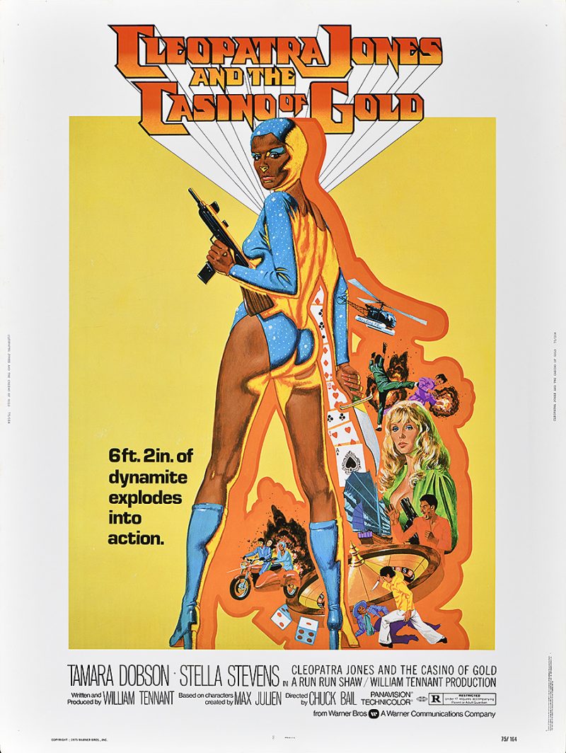 photo offset poster of a woman in a body suit holding a gun against a yellow background