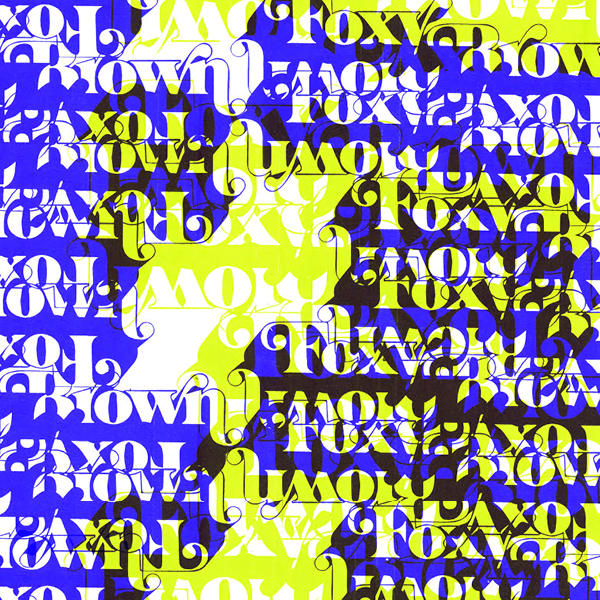 The word foxy brown duplicated and overlaid repeatedly in white, yellow, and blue, on a black background.