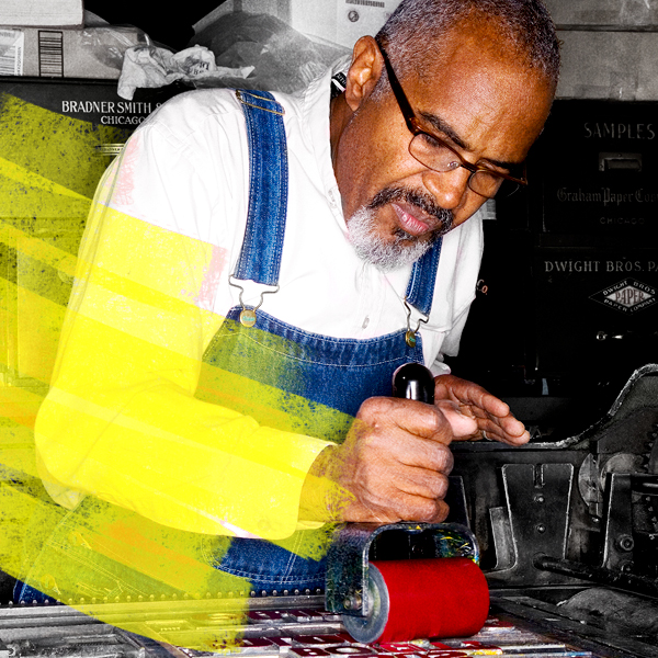 Amos Kennedy working on a letterpress with yellow ink roller marks superimposed over it.