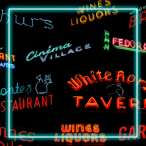 A graphic with a multitude of illuminating neon lights advertising taverns and liquor stores.