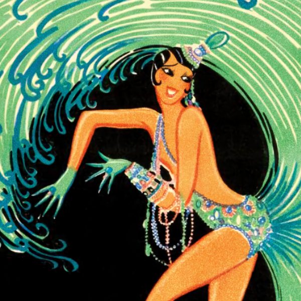 a cropped image of an illustrated poster featuring a Black showgirl in a green showgirl-style dress.