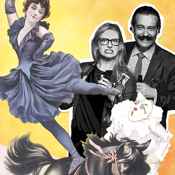 A digital collage featuring a black and white photo of Angelina Lippert and Nico Lowry with illustrated elements from posters of a clown, horse, and dancing woman.