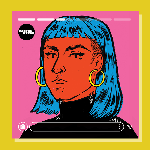 An illustrational portrait on a bright pink background of a woman with a red face and bright blue hair, wearing hoop earrings with instagram markers around a yellow frame.