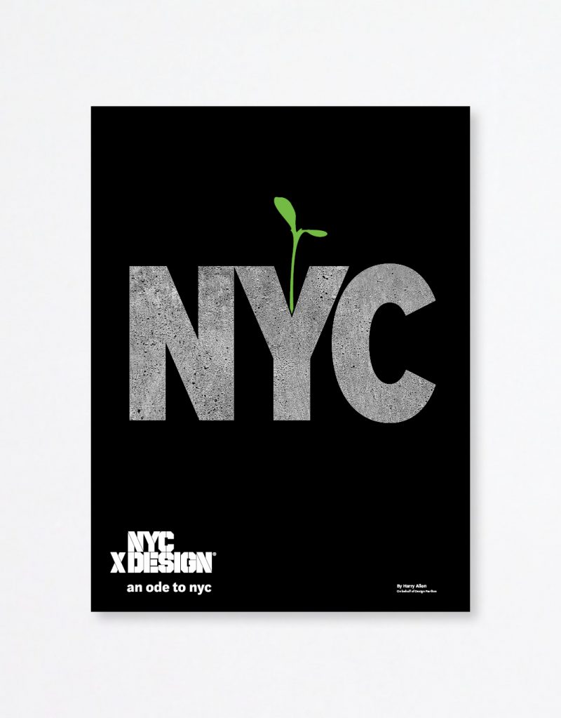 A poster showing a large text saying NYC in a black background. a little green sprout coming out from alphabet Y.