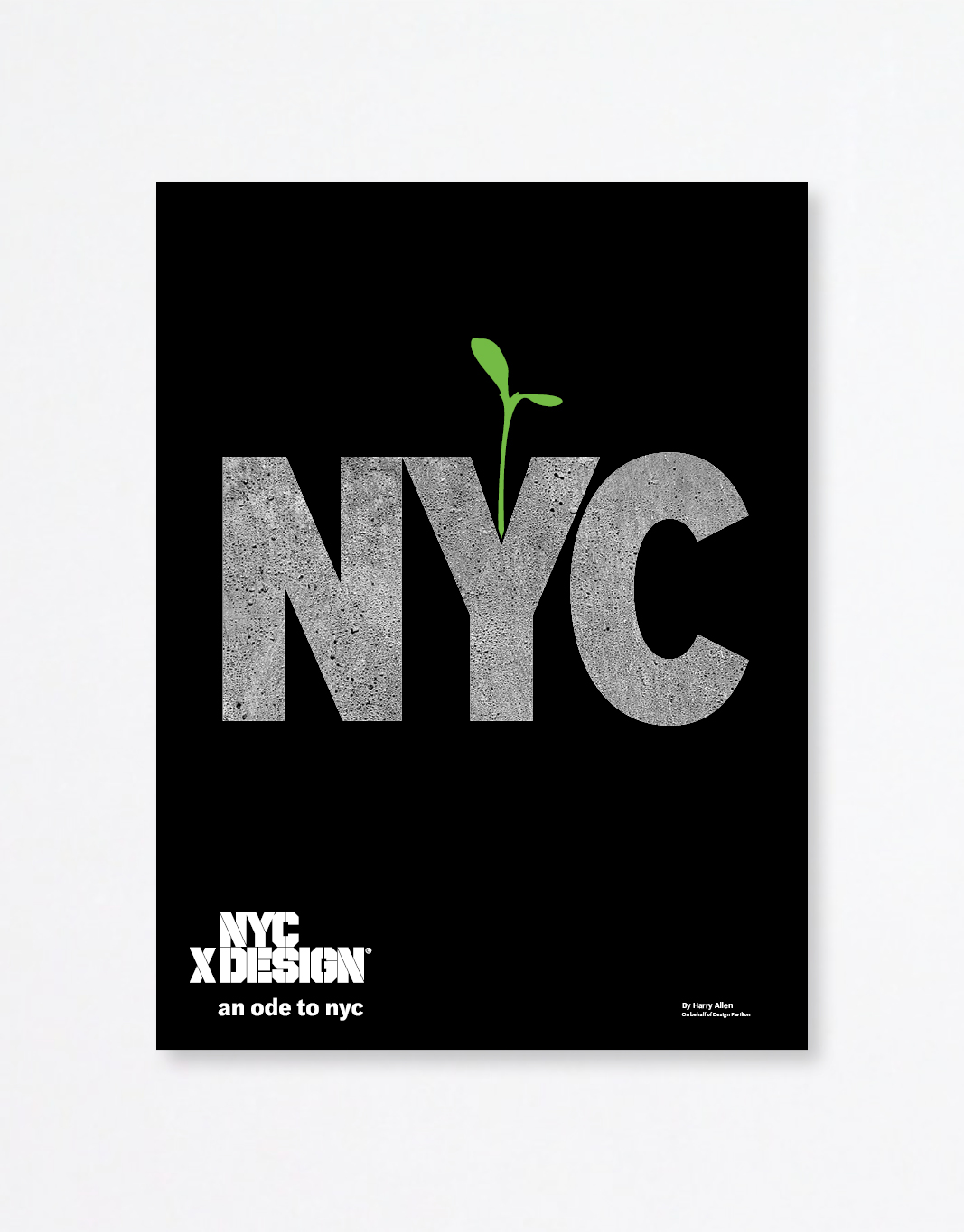 A poster showing a large text saying NYC in a black background. a little green sprout coming out from alphabet Y.