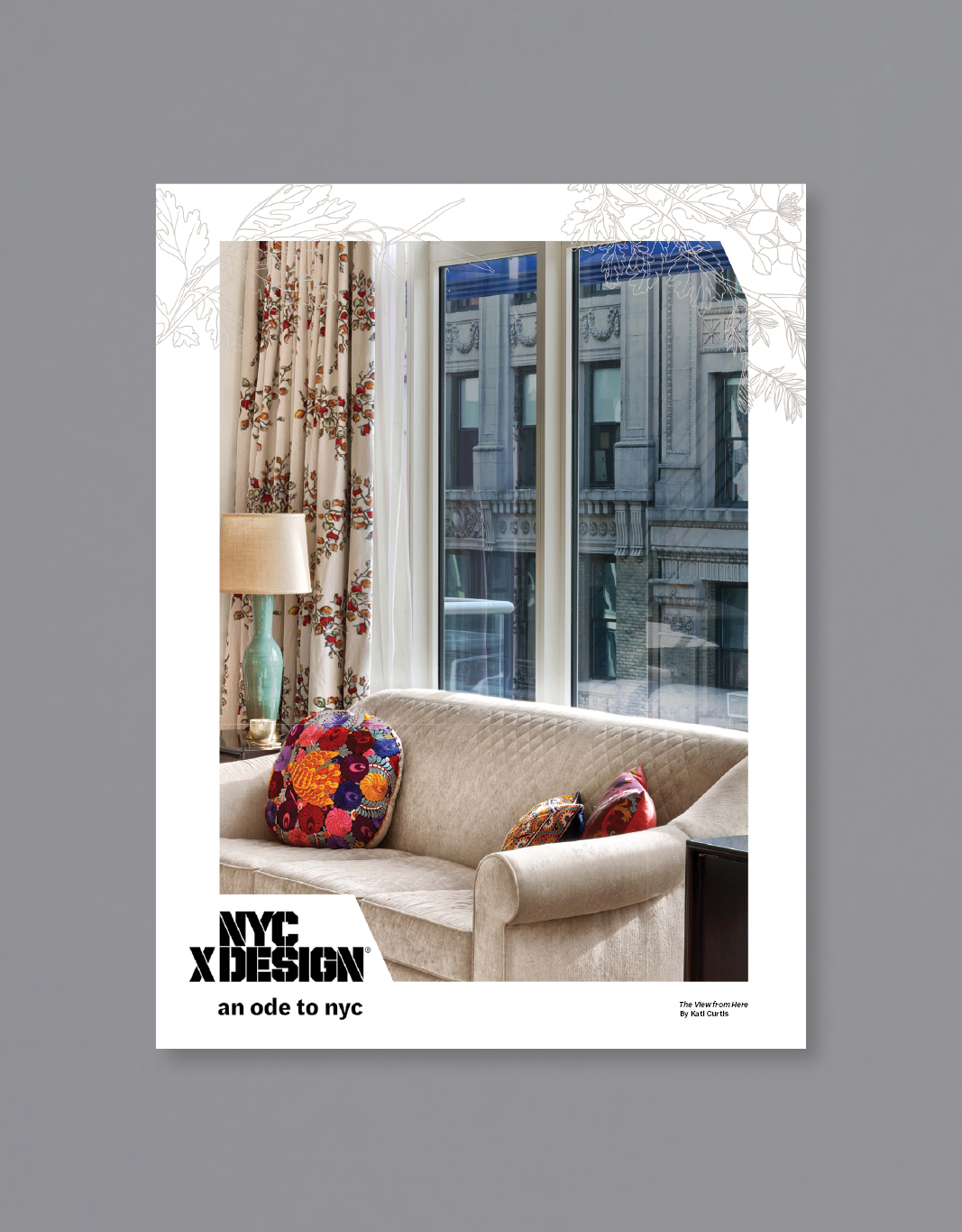 a poster showing a photo of New York apartment. There is a white couch, 3 colorful cushions, classic side lamp, and flower pattern curtain. The other side of building is visible through the big window.