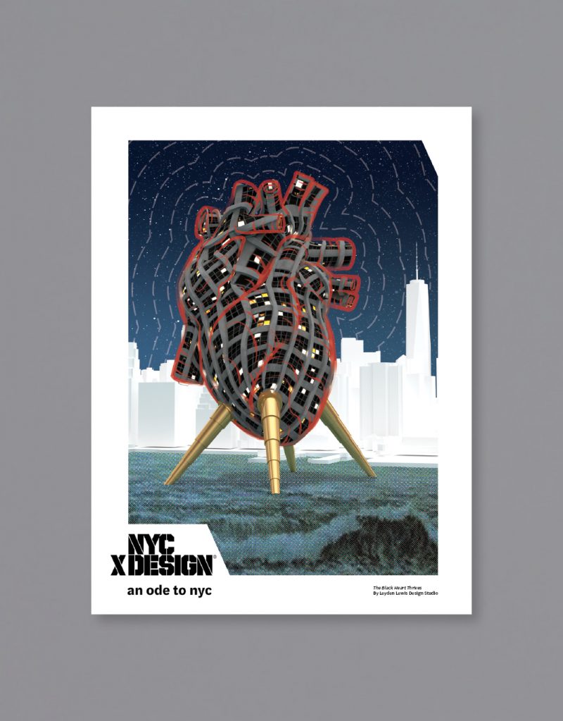 A poster showing the illustration of the building shaped realistic human heart. There are New York city in the background.